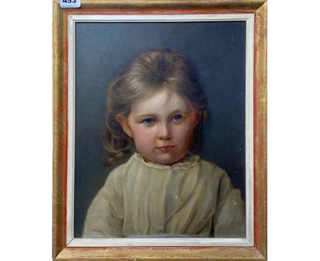 A framed oil on board portrait of a young girl, frame size 40 x 47.5cm.