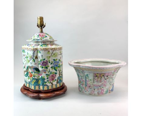 A Chinese hand enamelled porcelain table lamp base, H. 48cm. together with a hand enamelled planter.