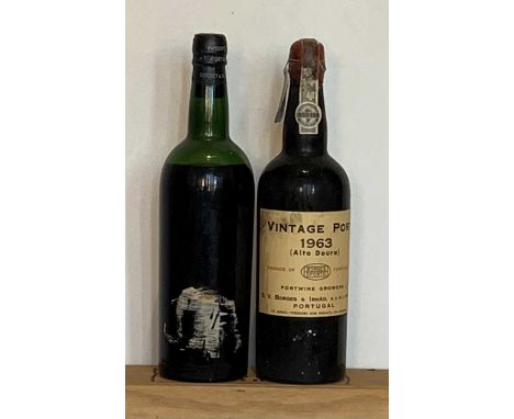 2 Bottles Mixed Lot 1963 Vintage Port comprising : 1 bottle Borges and Irmao Alto Douro 1963 (t/s) together with 1 bottle War