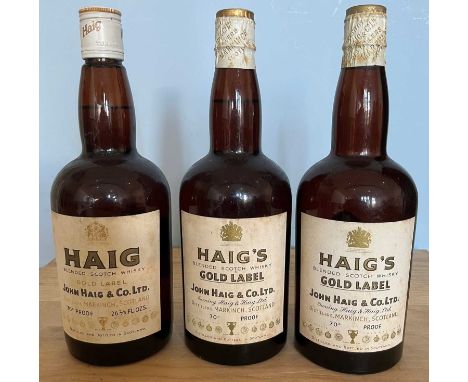3 bottles Mixed Lot Haig Gold Label Whisky from 1950’s and 1960’s comprising: 2 bottles Haig’s Gold label Blended Scotch Whis