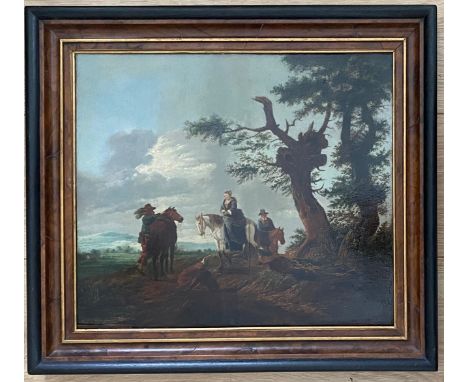 Circle of Philips Wouverman 1619-1668. Dutch. Oil on a panel attached to the stretcher. “Hunting Party on Horseback with Dogs