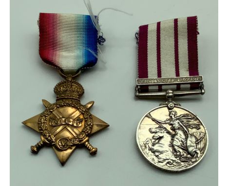 WWI GROUP OF TWO MEDALS 1914-15 STAR K.1338.A.V.GIBBS. STO.1.RN.GEO V NAVAL GENERAL SERVICE MEDAL PERSIAN GULF 1909-1914 BAR 