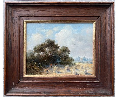 Circle of David Cox Senior 1783-1859. British. Oil on board. “Haymaking”. Signed lower left and inscribed.Measures 16cm x 20c