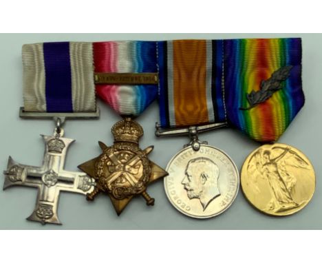 WWI GROUP OF FOUR MEDALS INCLUDING MILITARY CROSSBRITISH WAR AND VICTORY MEDAL WITH OAK LEAF AWARDED TO CAPT.R.F.YOUNG1914 (M