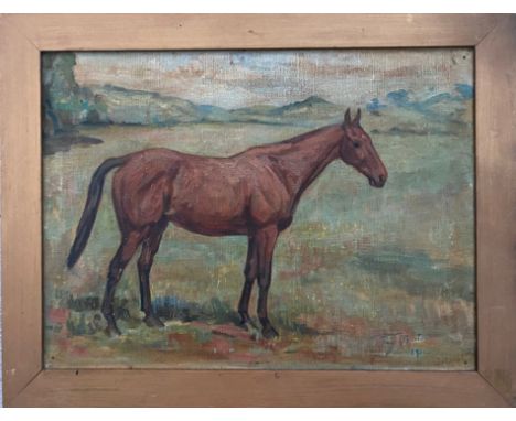 May Burton 1901-1995. British. Oil on canvas. “Portrait of a Horse in a Landscape”. Signed and dated 1932 lower right.Measure