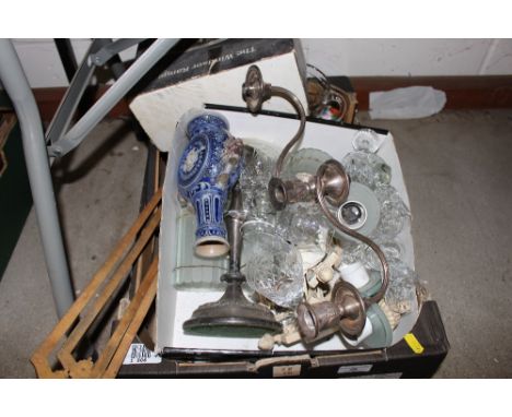 A box of various glassware; silver plated candelabra and other sundries