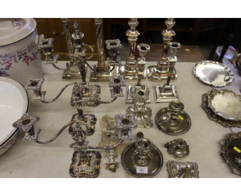 A quantity of 19th Century and later silver plated candelabra; candlesticks and chamber sticks 