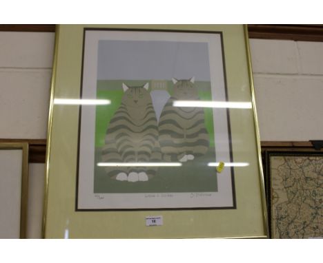 A pencil signed limited edition print depicting two cats 'Lizzy' and 'Willy'