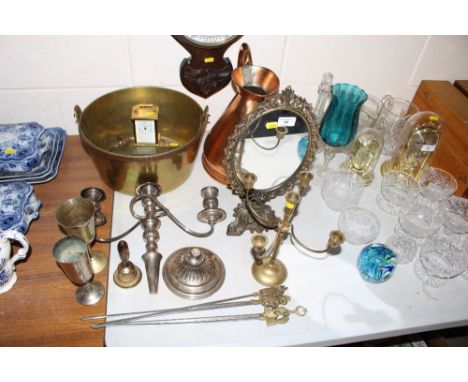 A quantity of various metalware to include a brass preserve pan; a copper jug; a brass mirror; candelabra etc.