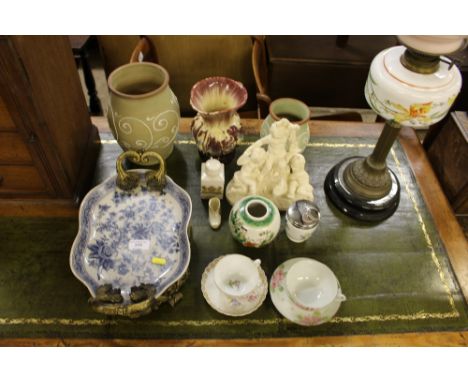 Two Denby vases; a modern Dresden floral decorated teacup and saucer; a Royal Worcester egg coddler; a figure group etc.