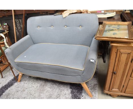 A vintage style settee in blue/grey with beech splay legs, width approx. 122cm