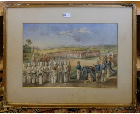 * India. Three watercolours of military scenes, by M. Rigby, 1878, watercolour on artist's board, each depicting a scene of m