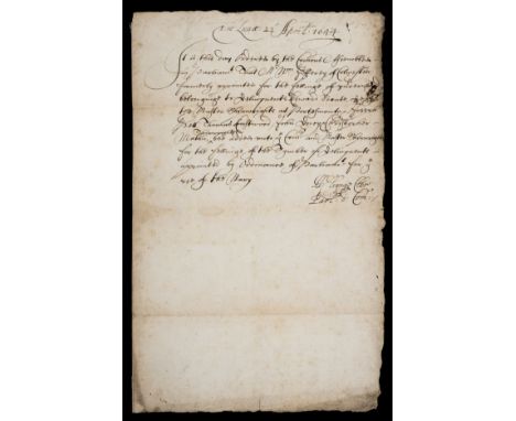 * English Civil War Manuscript Order. A Parliamentary manuscript order for the felling of the timber of delinquents for the u