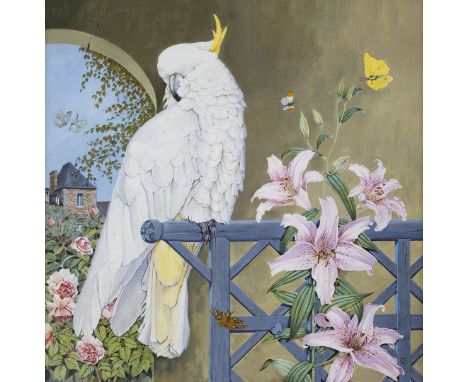 * Emberson (Colin, 20th century). Cockatoo, gouache on board, showing a cockatoo on a perch with flowers, butterflies and hou