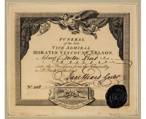 * Nelson (Horatio, 1st Viscount Nelson, 1758-1805). A ticket for Admiral Lord Nelson's Funeral Procession, 9 January 1806, is