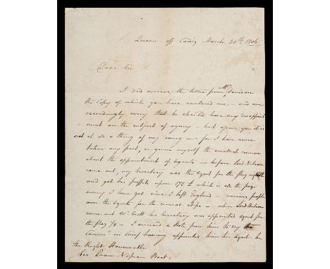 * Collingwood (Cuthbert, 1st Baron, 1748-1810). Autograph letter to Sir Evan Nepean, regarding the appointment of an agent fo