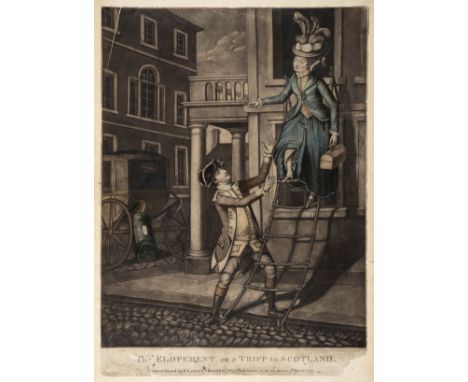 * Mezzotint Drolls . The Elopement or a Tripp to Scotland, R. Sayer &amp; J. B. Bennett, 5th Decemr.1777, hand coloured mezzo