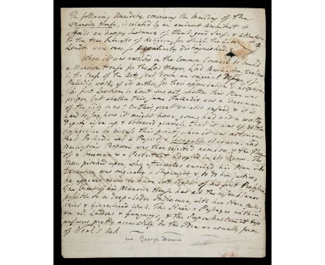 * London Mansion House. An anonymous manuscript Anecdote addressed to Sir Herbert Mackworth at Stourhead, no place, c.1750, o