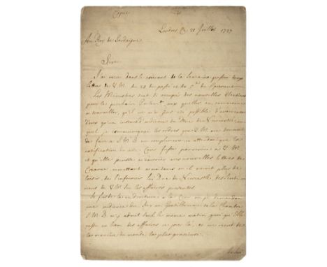 * Anglo-Savoyard Alliance. An important manuscript letter from Victor-Amedee Seyssel d'Aix, Marquis de Sommariva (1679-1754),