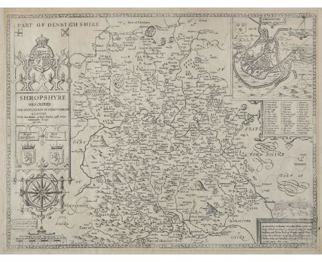 Shropshire. Speed (John), Shropshyre described, The Sittuation of Shrowesbury Shewed with the Armes of thos Earles and other 