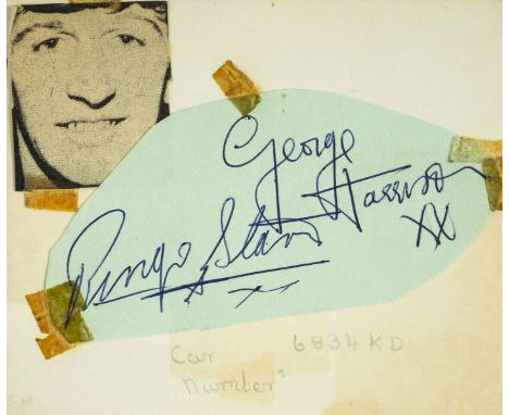 * The Beatles. Autographs of George Harrison &amp; Ringo Starr, c.1963, in blue ballpoint pen on a cut pale blue album leaf, 