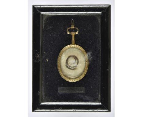 * Hair Jewellery - English Civil War. A coiled lock of light brown hair stitched onto white cloth and presented in an oval gi
