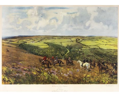 * Edwards (Lionel, 1878-1966). The Devon and Somerset Staghounds coming out of The Danesbrook, 1963, colour photo-lithograph,