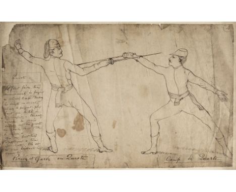 Fencing. A manuscript copy comprising 10 leaves of Theorie et Pratique des Armes , 19th century, incorporating 6 pen and ink 