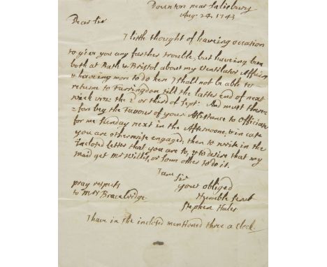 * Hales, Stephen, 1677-1761, Autograph letter signed, 'Stephen Hales', Dounton near Salisbury, 24 August 1743, to the Reveren