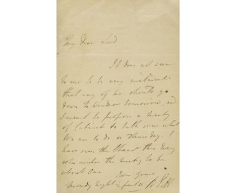 * Pitt (William, 1759-1806, 'The Younger'). Autograph Letter Signed. ’W. Pitt’, no place, no date, 'Monday night ½ past 11', 