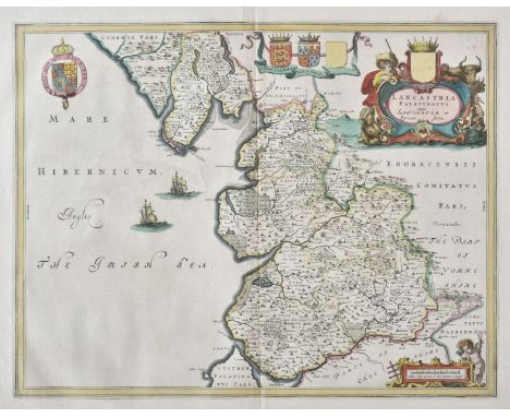 Lancashire. Blaeu (Johannes), Lancastria Palatinatus Anglis Lancaster et Lancasshire, circa 1645, hand coloured engraved map,