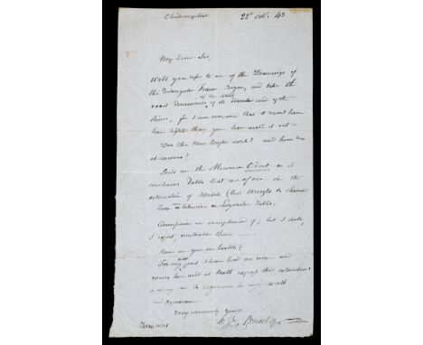 * Brunel (Marc Isambard , 1769-1849). Autograph letter signed to Henry Law, Chilcompton, 22 October 1843, single sheet of lig