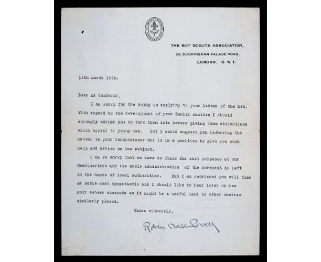 * Baden-Powell (Robert, 1857-1941). 5 Typed Letters Signed, 'Robert Baden Powell', Boy Scouts Association printed letterhead 