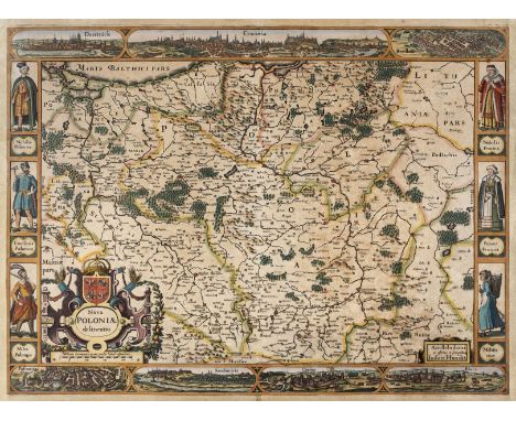 Poland. Hondius (J.), Nova Poloniae delineatio, Amsterdam, circa 1630, hand coloured engraved carte-a figures map with six co