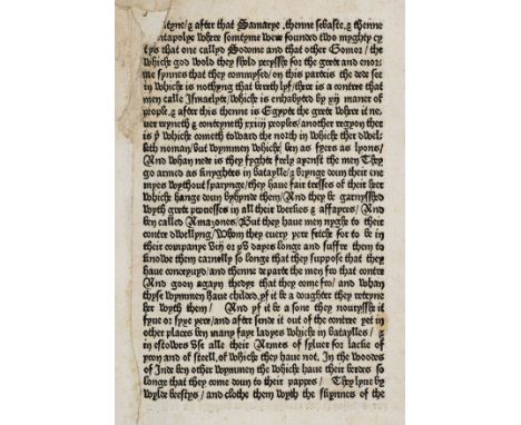 [Caxton, William]. A single printed leaf from The Mirrour of the World, by Gossuin of Metz., 2nd edition, printed at Westmins