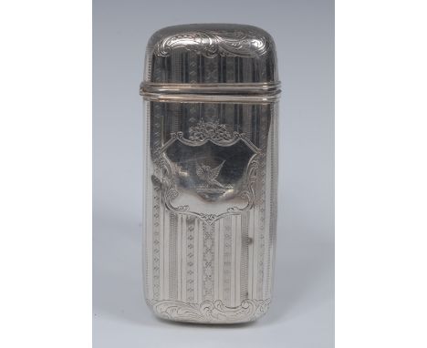 A Victorian silver cigar case, engine tuned and chased with alternating bands, shield shaped cartouche, the top and base with