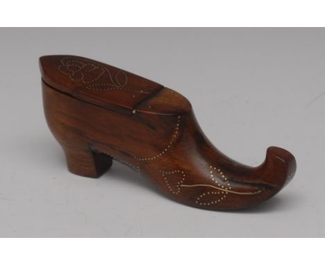 A large early 19th century rosewood novelty table snuff box, as a shoe, hinged cover, decorated throughout with brass flowers