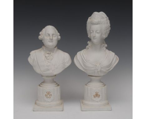 An associated pair of 19th century French biscuit busts, after Boizot, Louis XVI and Marie Antoinette, stop fluted column, sq