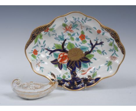 A Coalport shaped oval dish, decorated with a stylised goose, peonies and tree, in cobalt blue, green, orange and blue, picke