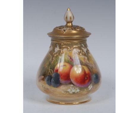 A Royal Worcester lobed ovoid pot pourri and cover, painted by Ricketts, signed, with peaches, blueberries and white flowers,