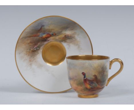 A Royal Worcester cabinet cup and saucer, painted by Jas Stinton, signed,  with pheasants on a mossy bank, gilt interior, pri