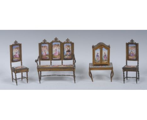 A Viennese enamel and gilt metal three seater sofa, two side chairs and cabinet,  decorated overall with courting couples and