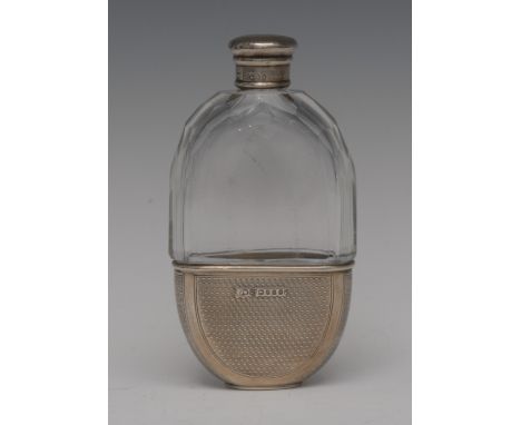 A William IV silver mounted clear glass hip flask, domed screw-fitting cover, facetted shoulder, engine turned stirrup cup to