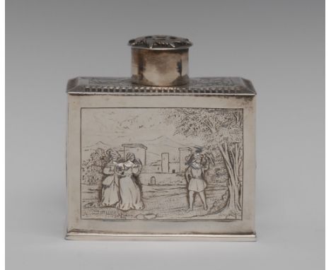 A Dutch silver rectangular tea caddy, chased in the 18th century taste with courting figures and and leafy scrolls, push-fitt