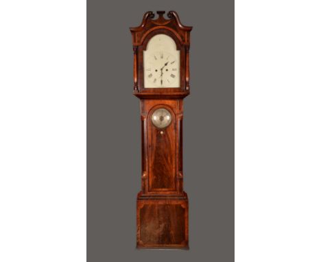 A George IV mahogany and walnut longcase clock-barometer, 36cm arched white dial, Roman numerals, subsidiary seconds dial, in