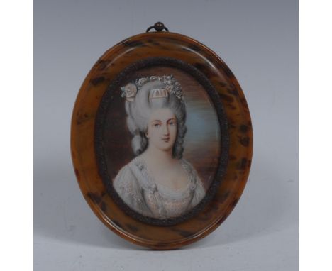 Continental School (19th century), a portrait miniature, of an aristocratic lady, bust-length, tall powdered wig with ringlet