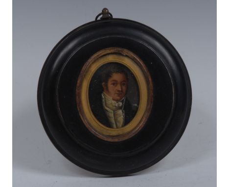 Continental School (early 19th century), a portrait miniature, of a gentleman, bust-length. casually coiffured hair, sideburn