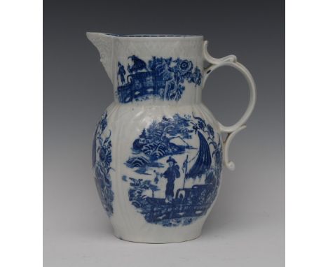 A Caughley cabbage leaf moulded mask jug, printed in underglaze blue with the Cormorant Fisherman pattern, C-scroll handle, 2