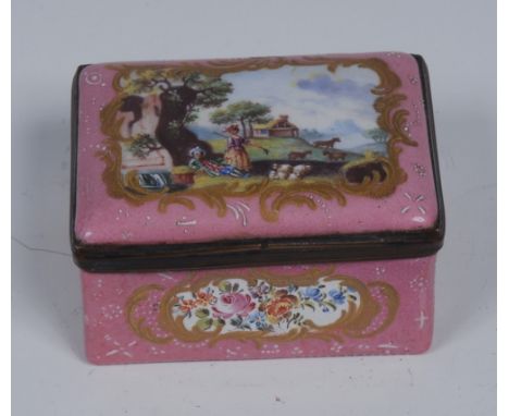 A George III South Staffordshire enamel rounded rectangular table snuff box, hinged cover painted with aristocratic shepherde