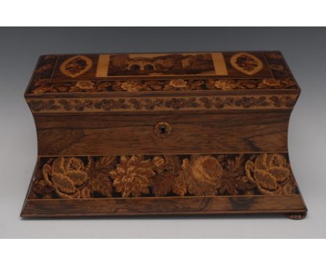 A large post-Regency Tunbridge ware concave rectangular tea caddy, hinged cover inlaid with a view of a ruined abbey, flanked